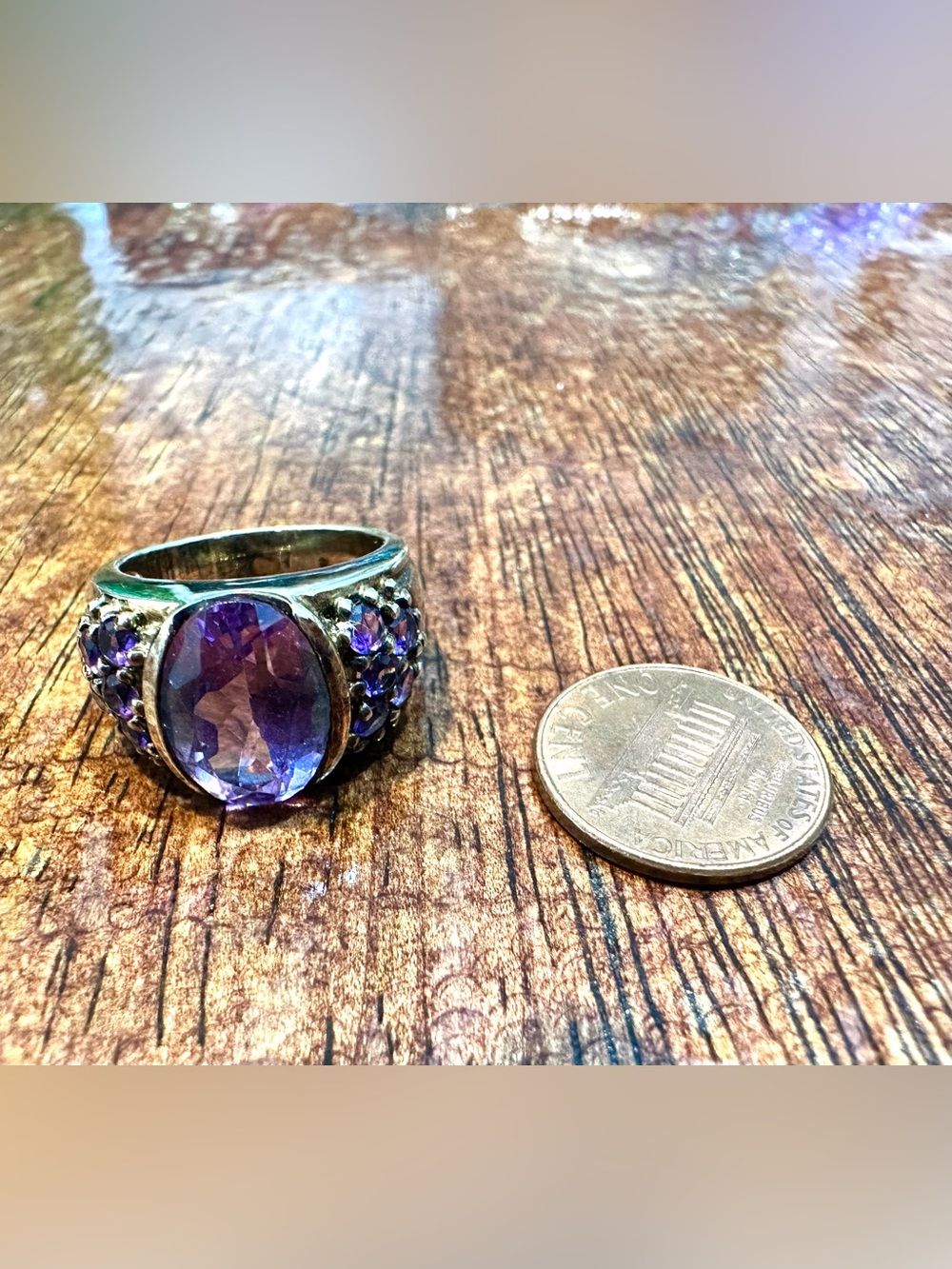 Vintage Sterling Silver Amethyst Oval Statement Ring - Purple